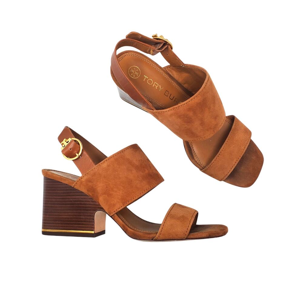 Tory Burch Selby 75MM Block Heel Sandals Silk Suede Ambra Tan 64760 Size 8.5 M